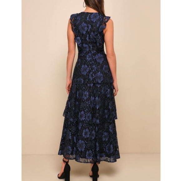 NWT Lulus | Molinetto Navy Blue Lace Ruffled Tiered Sleeveless Maxi Women XL - Picture 4 of 11